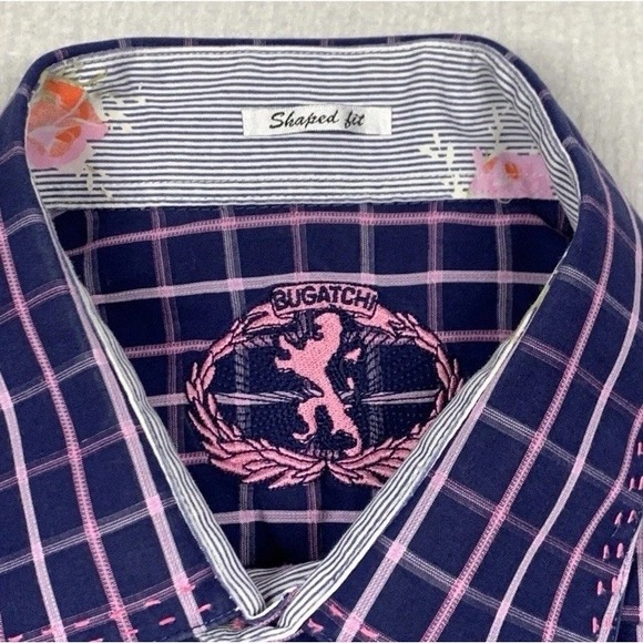 Bugatchi Shirt Shaped Fit Mens XL Blue Purple Check Button Up Long Sleeve - Picture 4 of 12